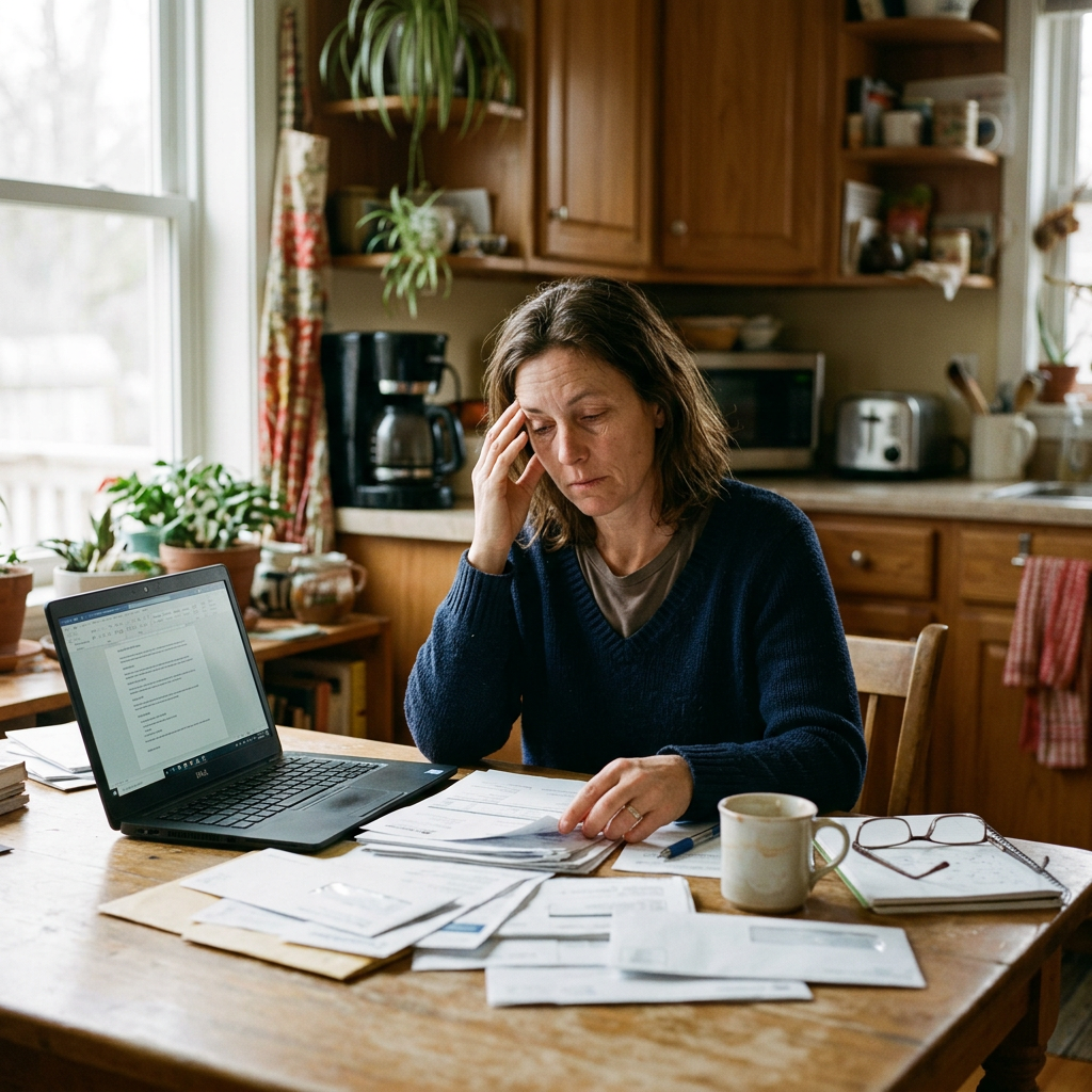 A homeowner reviewing paperwork at the kitchen table